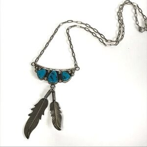 Roger Skeet Navajo Turquoise Sterling Silver Feather Necklace